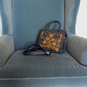 Elegant Navy Blue and Gold Floral Satchel